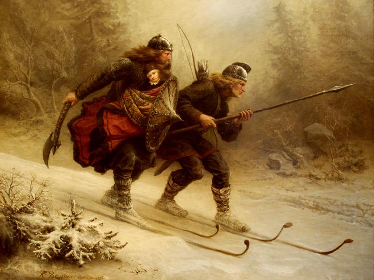 Knud Bergslien Birkebeinerne pa Ski over Fjeldet med Kongsbarnet oil painting picture